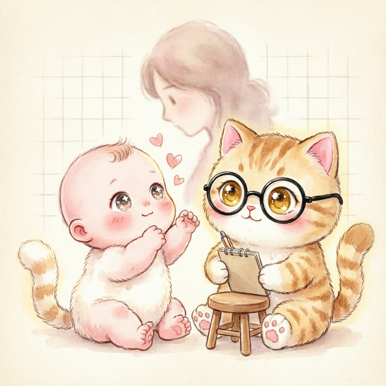 一个婴儿伸手抓母亲，巧手猫在旁记录